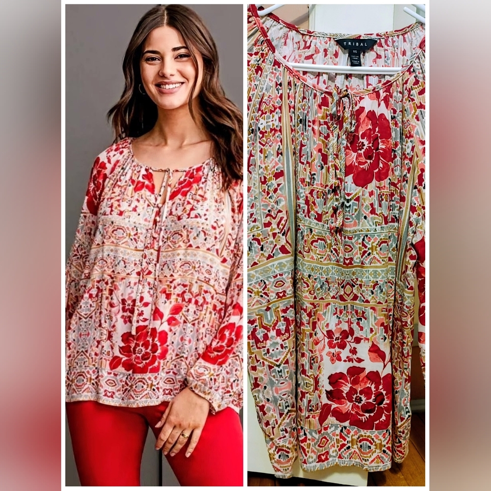 Tribal: Small Flowy Printed Crepe Blouse – Scarlet Multi